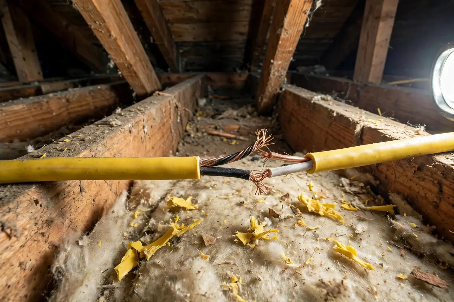 Chewed wiring from rodents scratching in walls