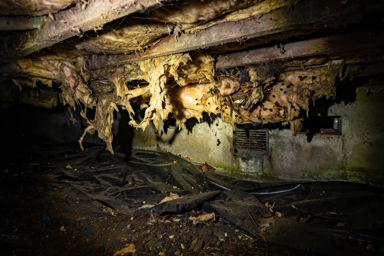Damaged crawl space insulation from rodent activity in Bellingham home