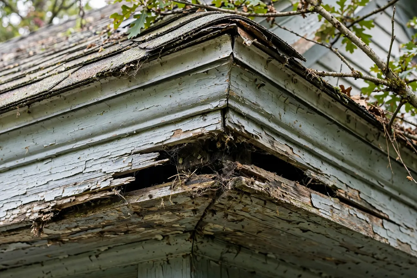 Damaged wooden roof eave from rat entry