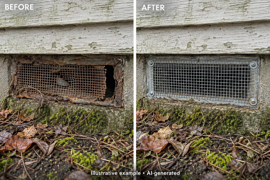 Foundation vent screen installation before and after