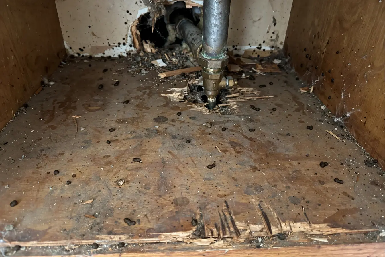 Mouse droppings under kitchen sink needing cleanup